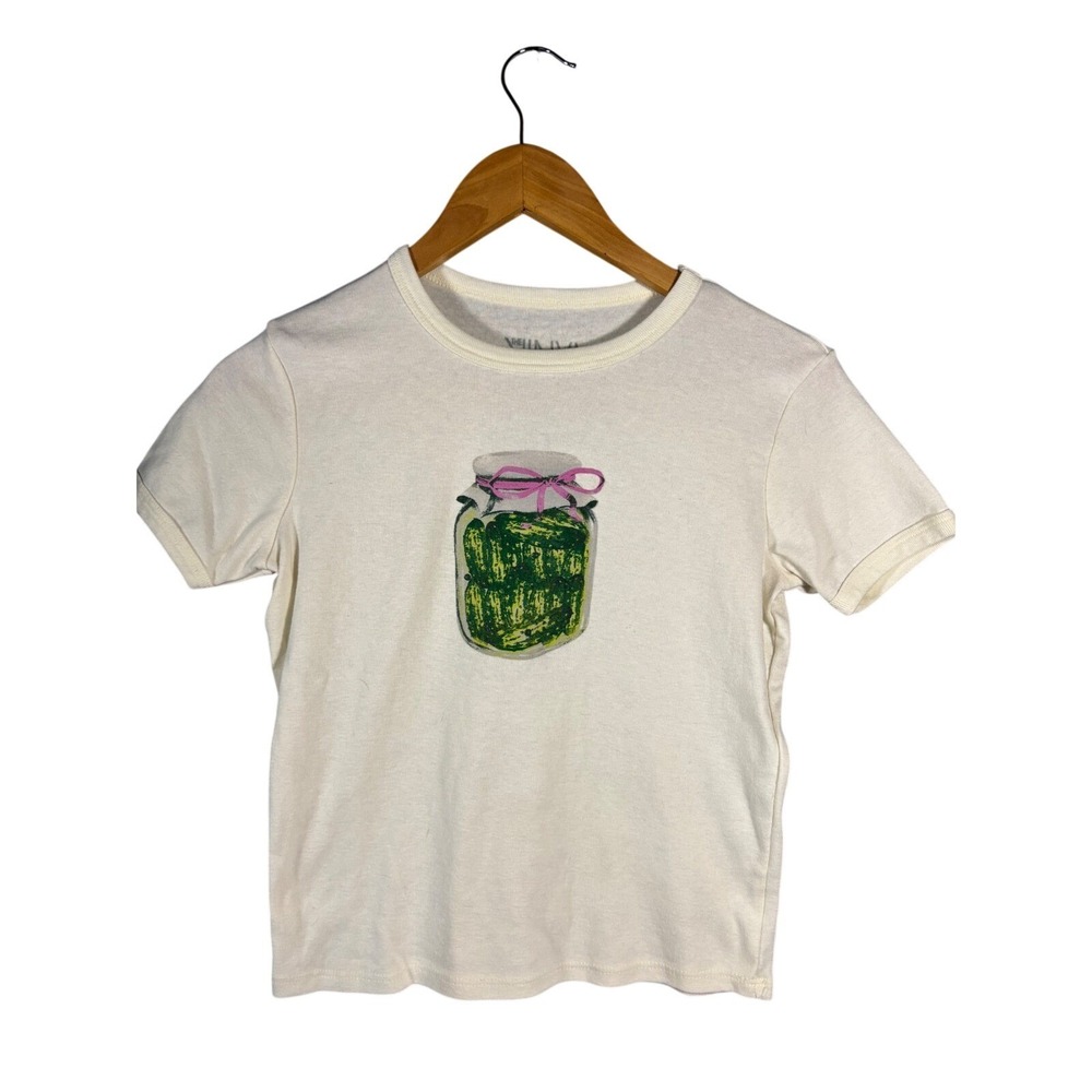 The‎ Vinyl Icons Pickle Jar with Bow Graphic Ringer T-Shirt Cream Mens Small S